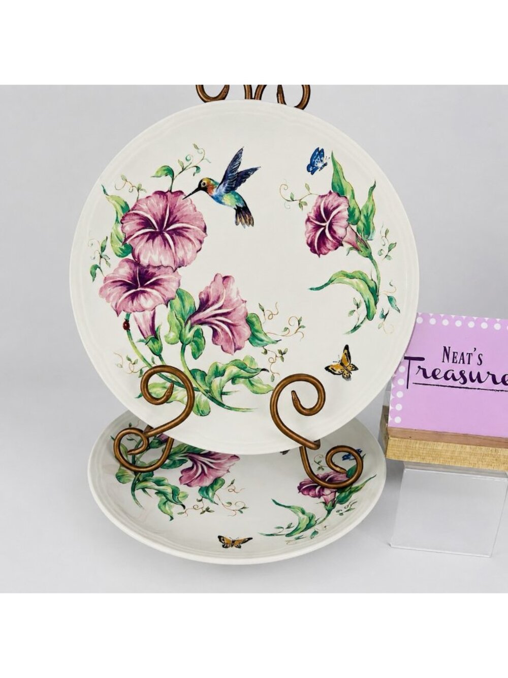 Totally Today Hummingbirds Pink Morning Glory Flower Ceramic Dinner Plate Set 2